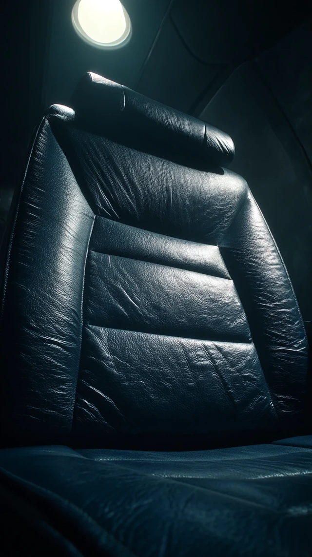 Navy Leather Airplane Seat Close Up Macro 8K