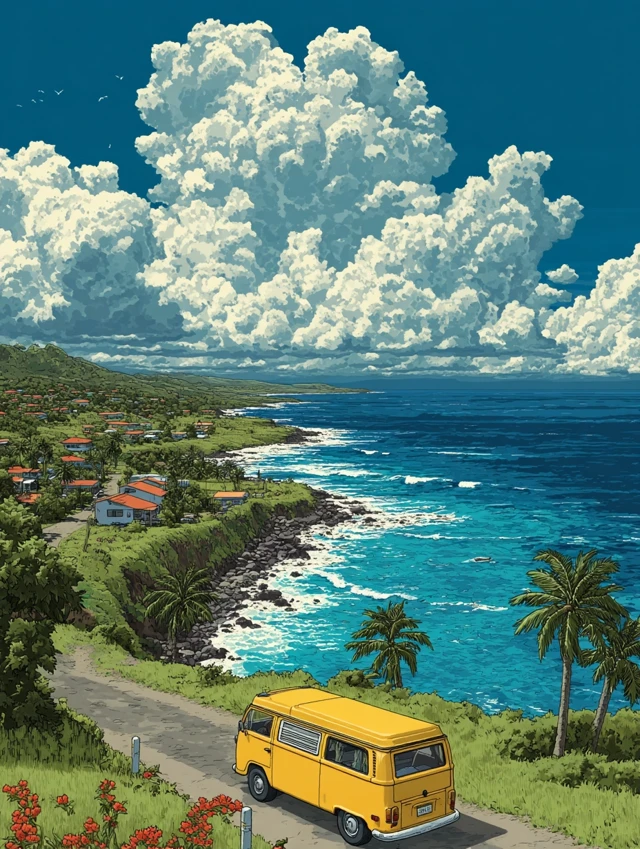 Hawaiian Coastline Yellow Van Illustration Art