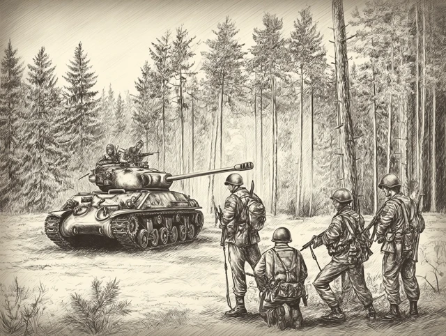 WW2 Tank and Soldiers in the European Countryside
