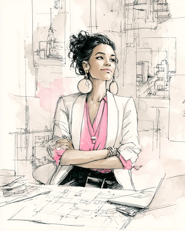 Architect Woman Black and White Sketch Watercolor