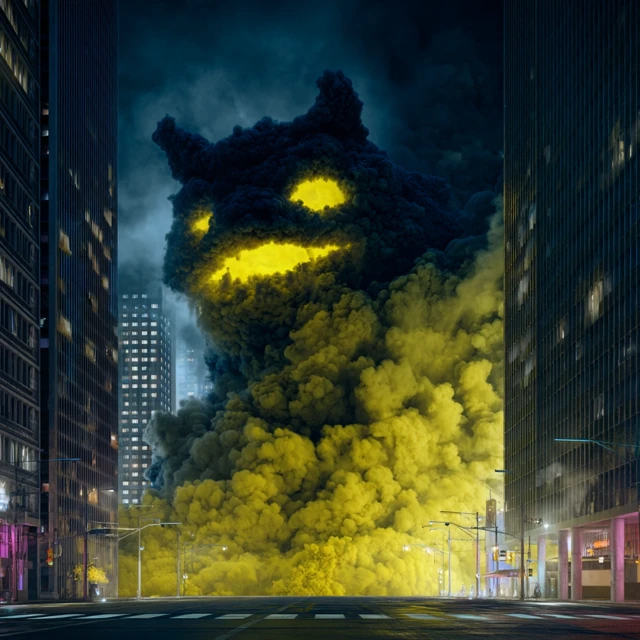 Giant Smoke Monster Cat Over City at Night