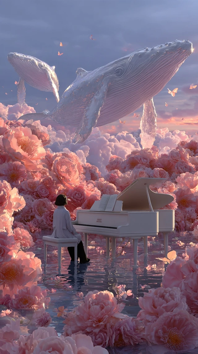 Surreal Dreamscape Whales Piano Flowers 3D