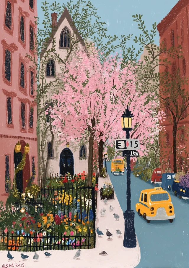 Romantic NYC Spring Street Cherry Blossoms
