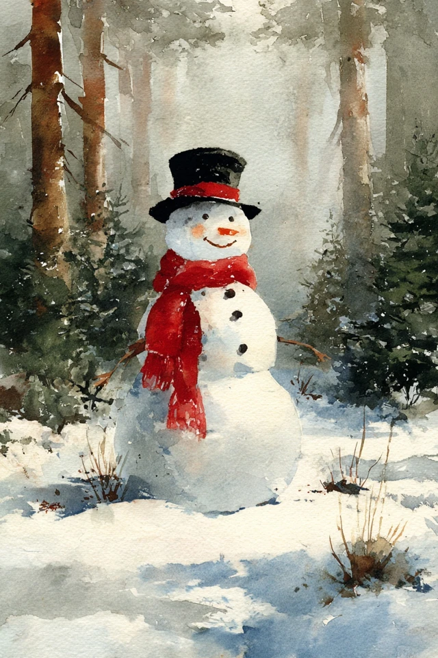 Snowman in Snowy Forest Watercolor Painting