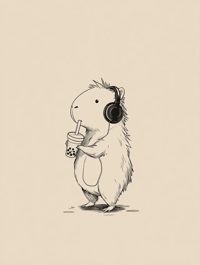 Chibi Capybara with Headphones and Bubble Tea