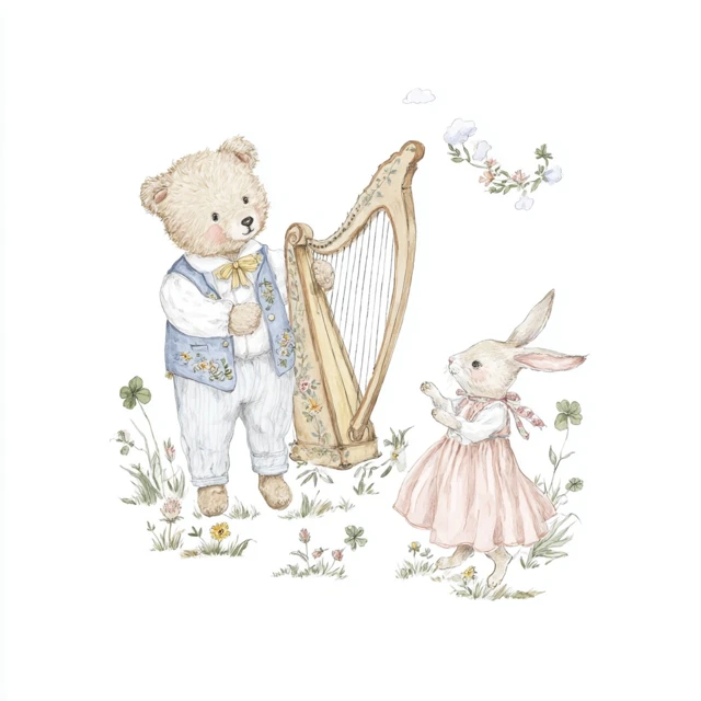 Vintage Fairytale Teddy Bear and Bunny Illustration