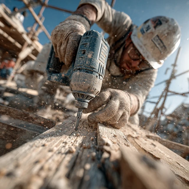 Construction Worker Drilling Wood 4K Photorealism