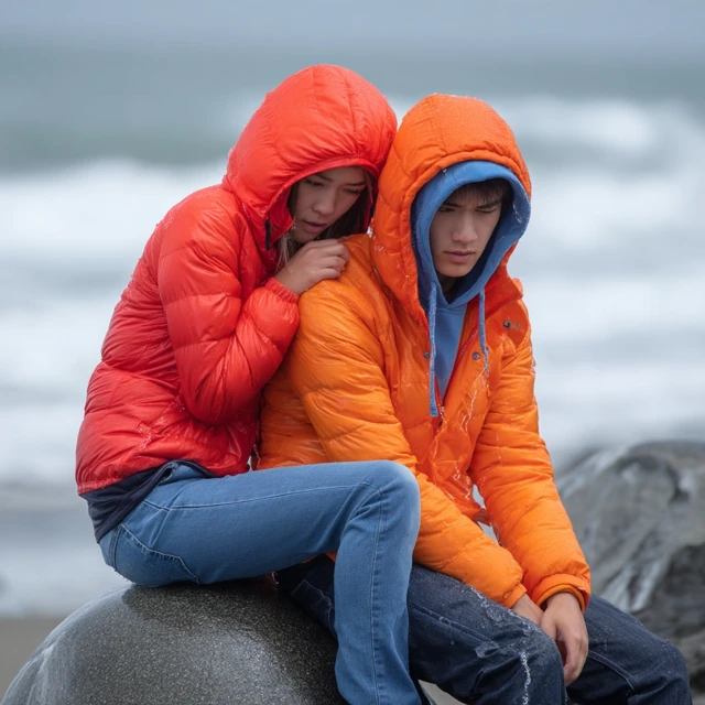 Young Couple at Beach in Rain