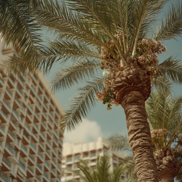 Vintage Hotel with Palm Trees Pastel Tones