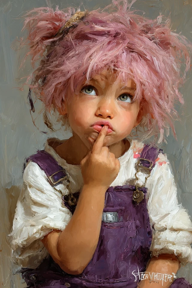 Adorable Baby Gnome Girl in Purple Overalls Art