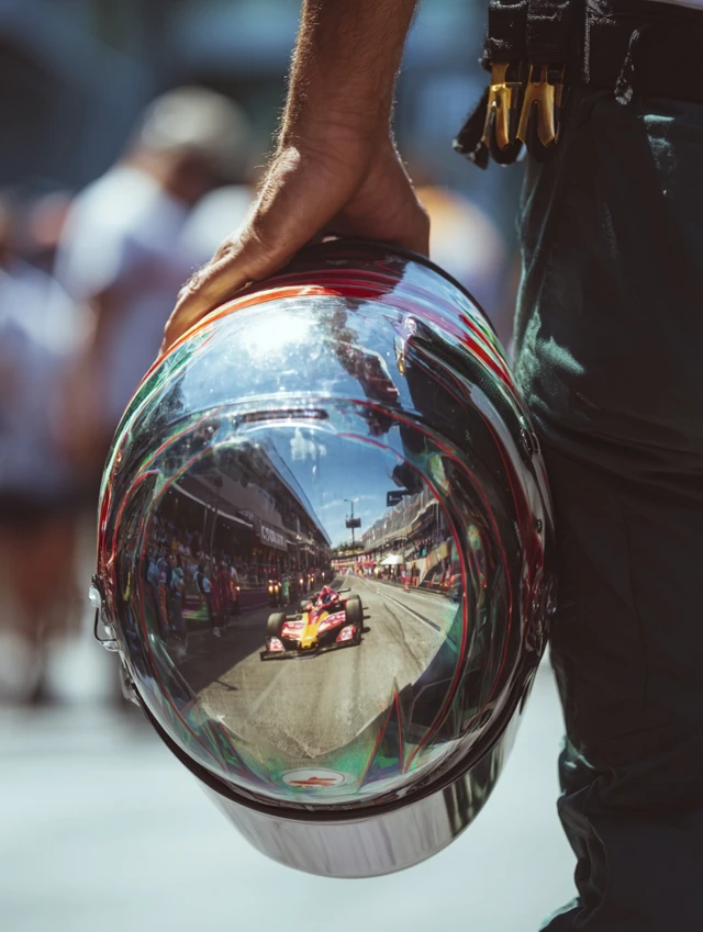 F1 Racing Helmet Reflection Closeup