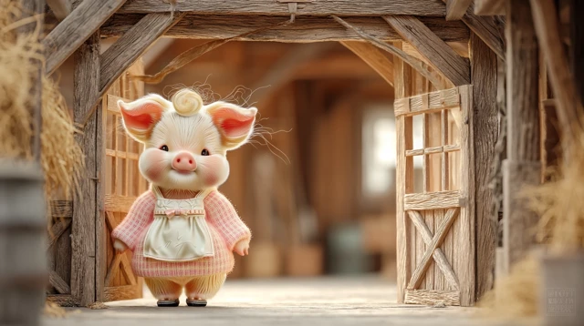 Adorable Pig Cartoon in a Rustic Barn