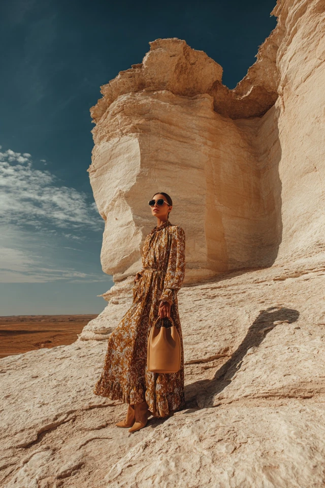 Desert Fashion Model Posing in Dress with Bucket Bag
