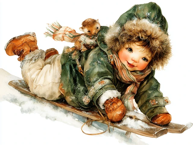 Christmas Boy Sledding in Snowy Watercolor Art