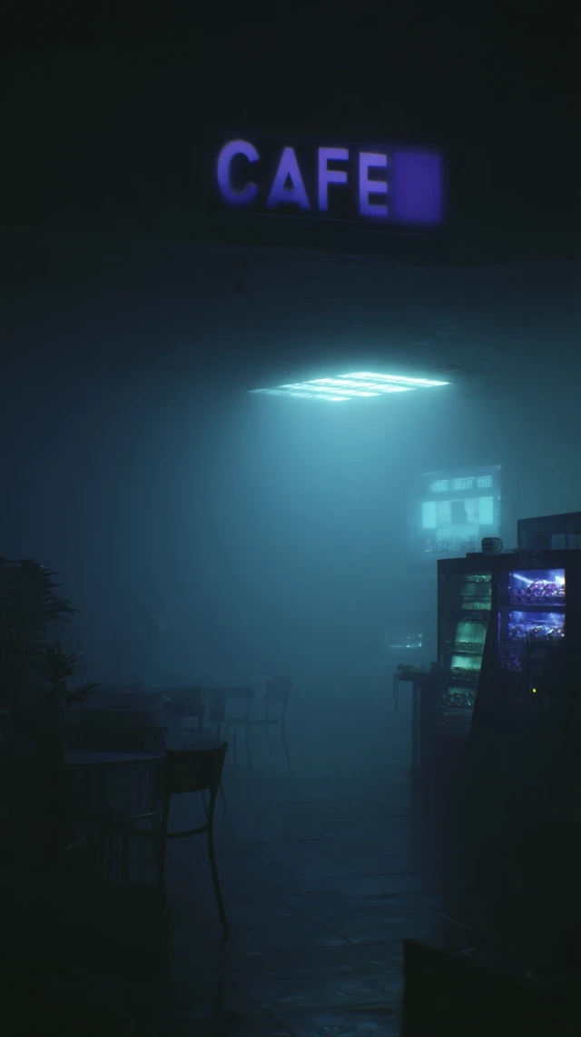 Gotham Cafe: Moody Downtown Scene with Fog and Neon