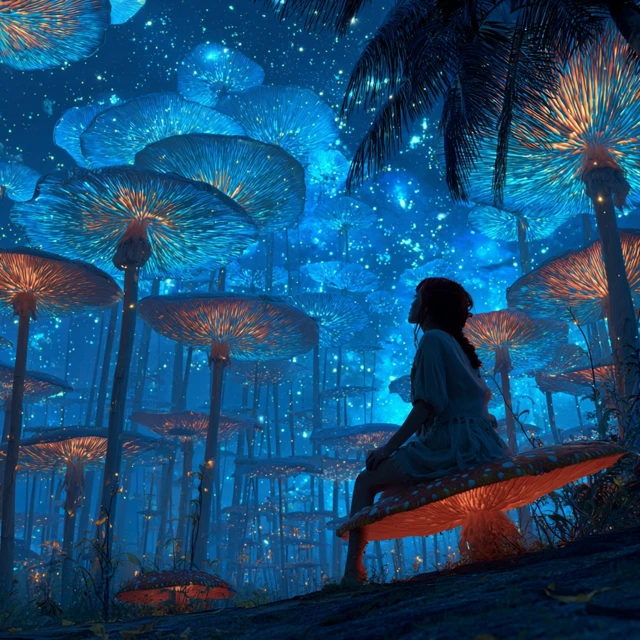 Woman on Mushroom Fantasy Night Sky Photo