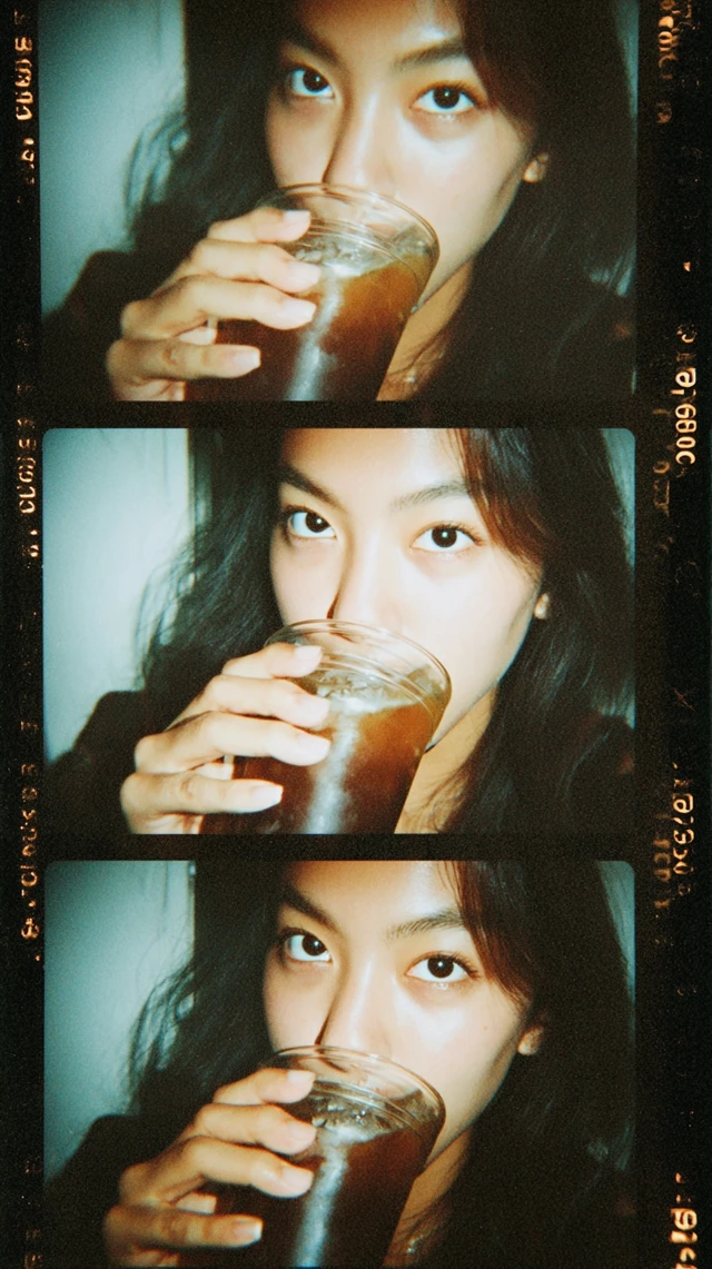 Multiple Exposure Portrait Japanese Woman Iced Coffee