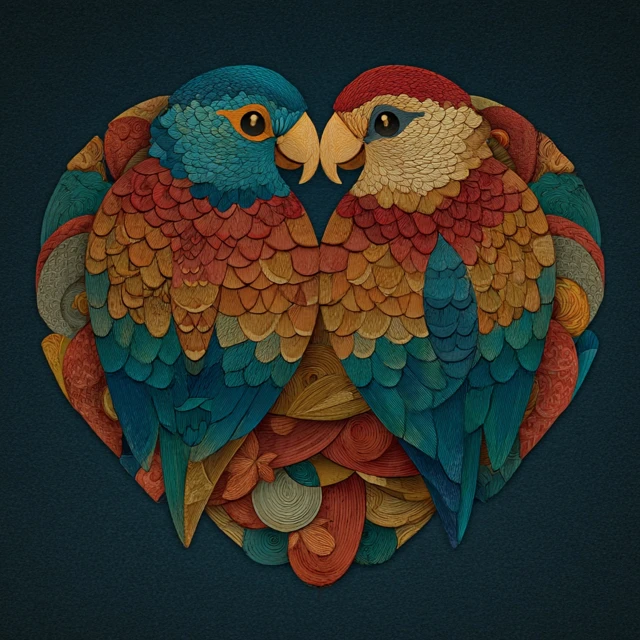 Klimt Style Parrots Kissing in Heart Cartoon Art