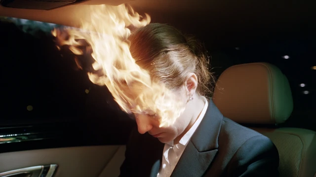 Woman in Burning Head in a Luxury Car