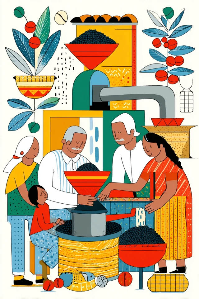 Family Coffee Processing Cartoon Illustration