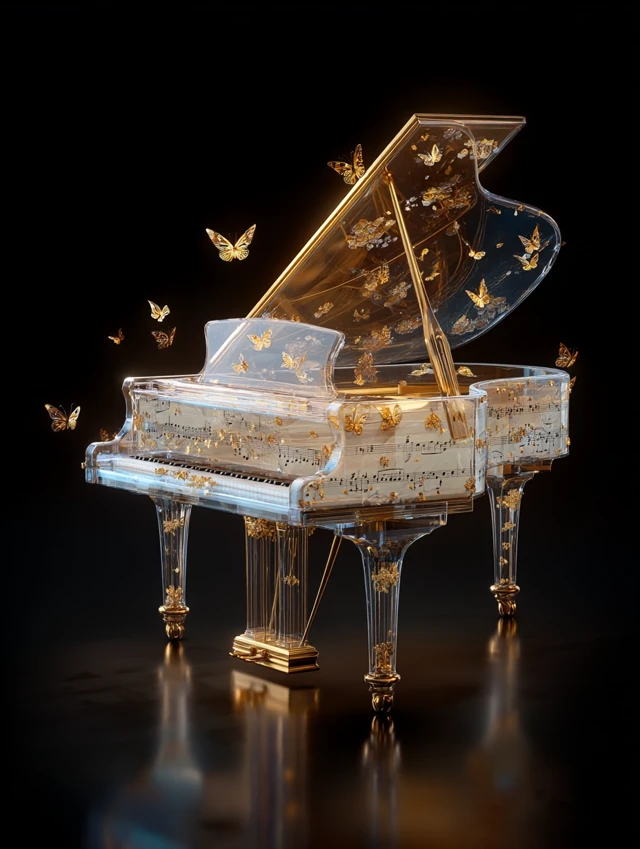 Glass Piano with Golden Flowers and Butterflies