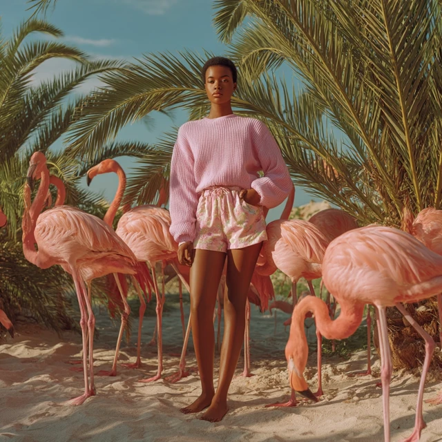 Jamaican Woman with Flamingos: Tropical Fashion