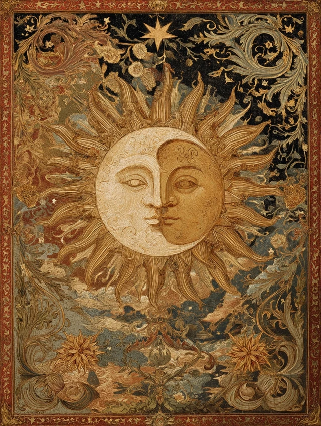 Vintage Celestial Floral Sun Moon Stars Painting Art