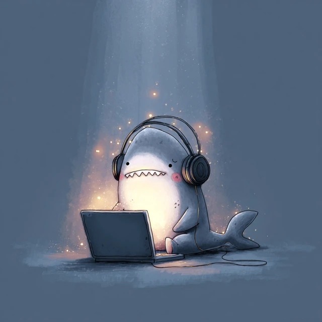 Cute Shark with Headphones at Computer at Night