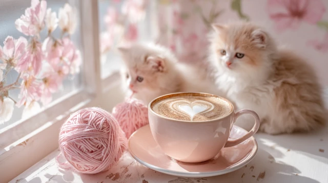 Cute Kittens in a Cafe with Latte Art