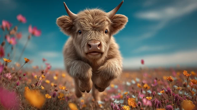 Happy Baby Longhorn Buffalo Jumping in a Meadow