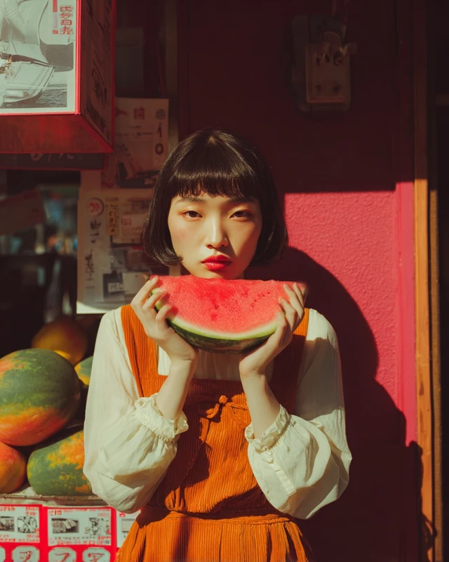 Japanese Portrait Eating Watermelon Color Photography
