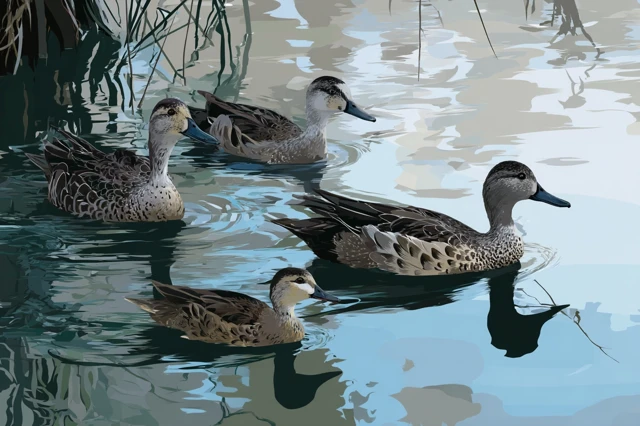 Grey Teal Ducks on Cooks River Illustration