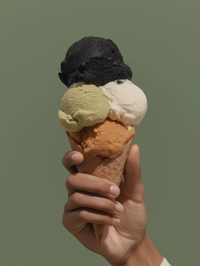 Melting Ice Cream Cone: Pistachio, Black, and White