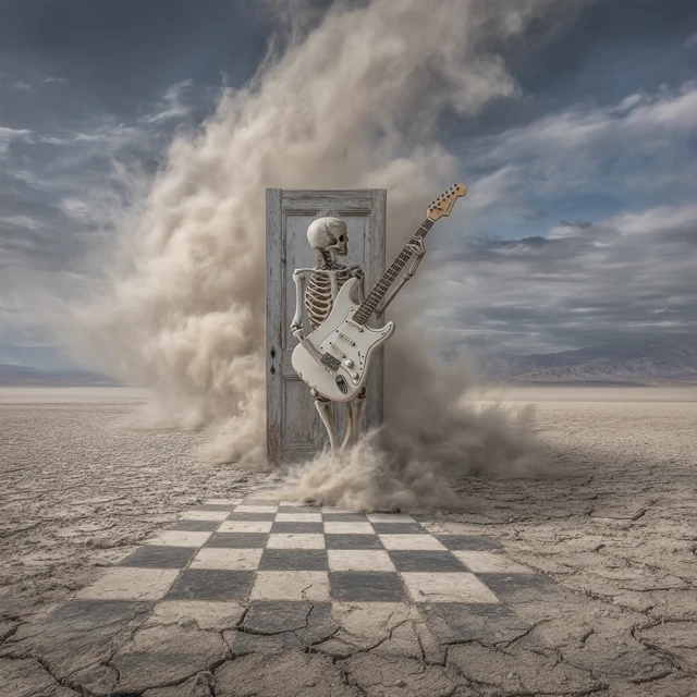 Skeleton Guitarist in Desert Doorway