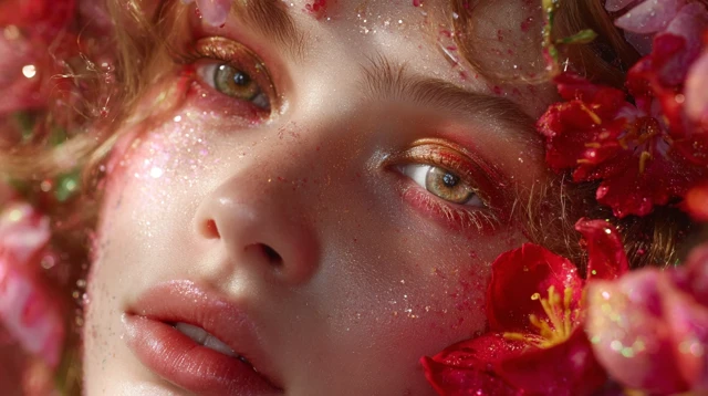 Ethereal Woman Portrait Flower Hair Red Blooms