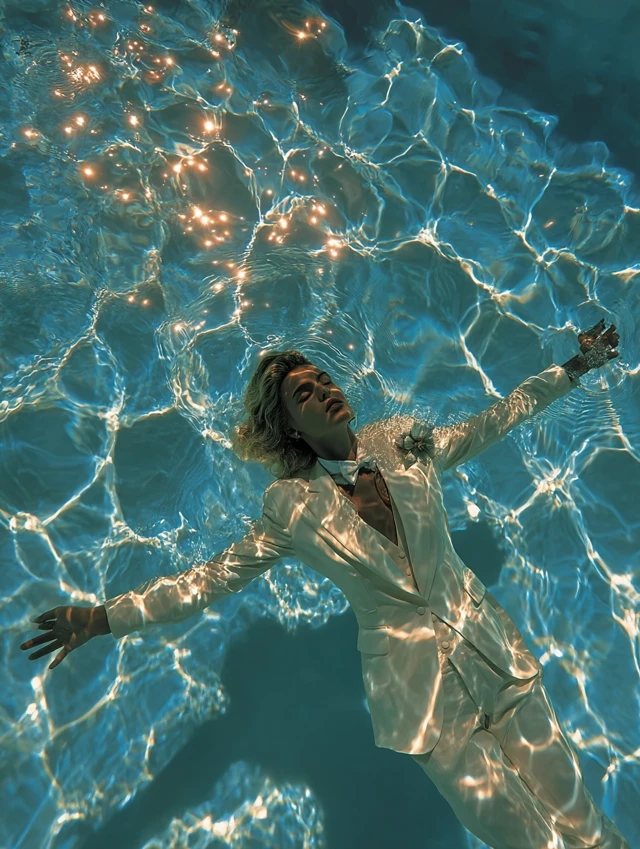 Woman in Dinner Suit Floating in Pool Drone Shot