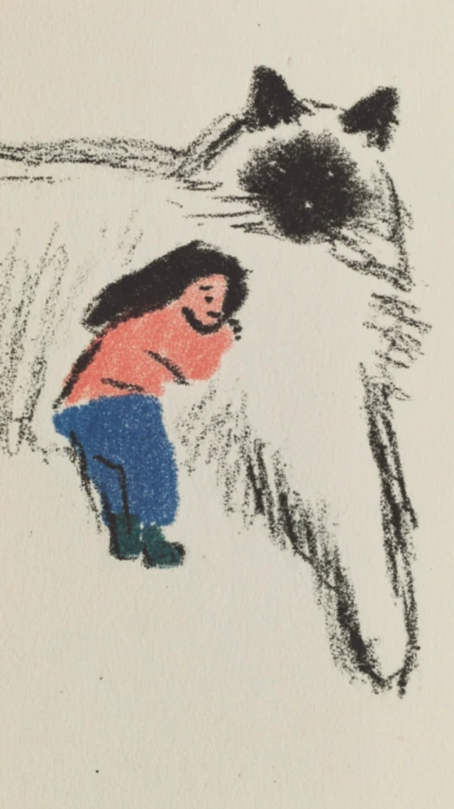 Cute illustration of a person and a giant Ragdoll cat