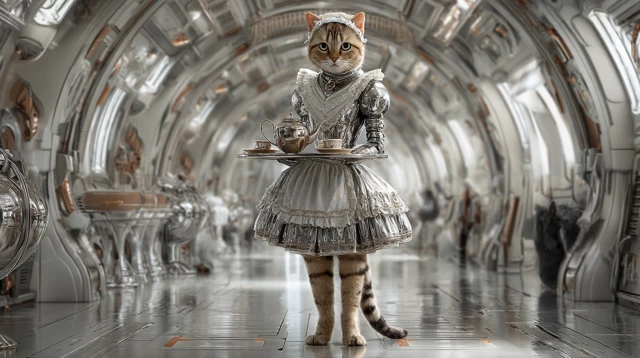 Maid Cat in Space Photorealistic Image