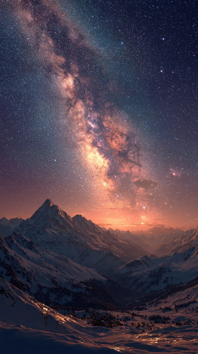 Nightscape Galaxy over Snowcapped Mountains