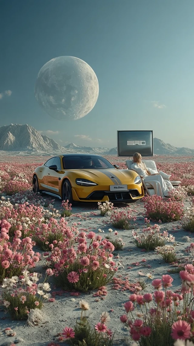 Surreal Lunar Landscape Yellow Car and Flowers 8K