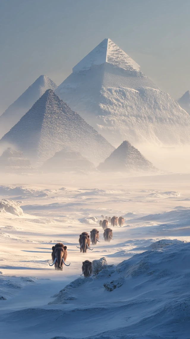 Woolly Mammoths in Snowy Egypt Ancient Scene