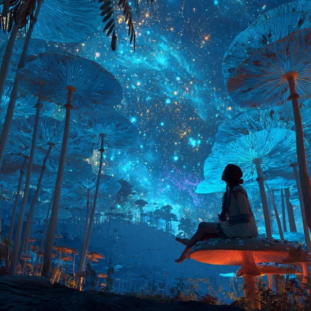Woman on Mushroom Fantasy Night Sky Photo