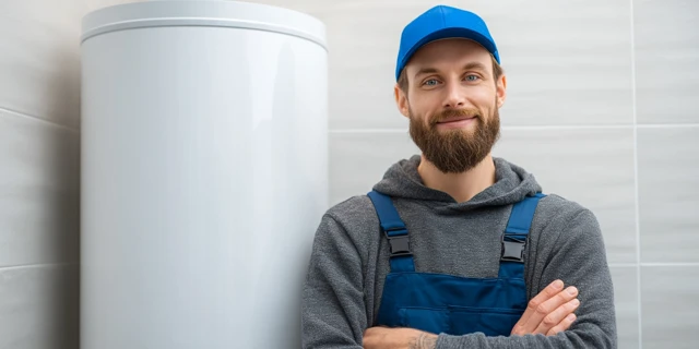 Professional Plumber by Water Heater High Detail Photo