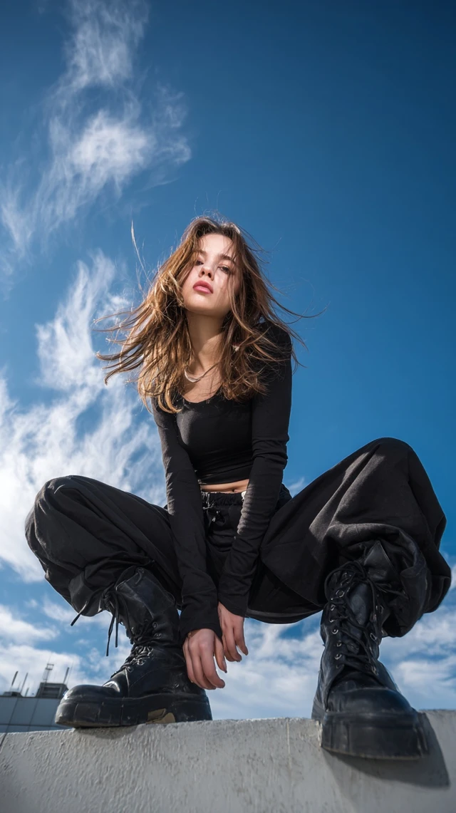 Expressive Young Woman in Black Clothing