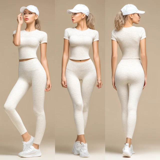 Fitness Woman in Ivory Leggings and Top