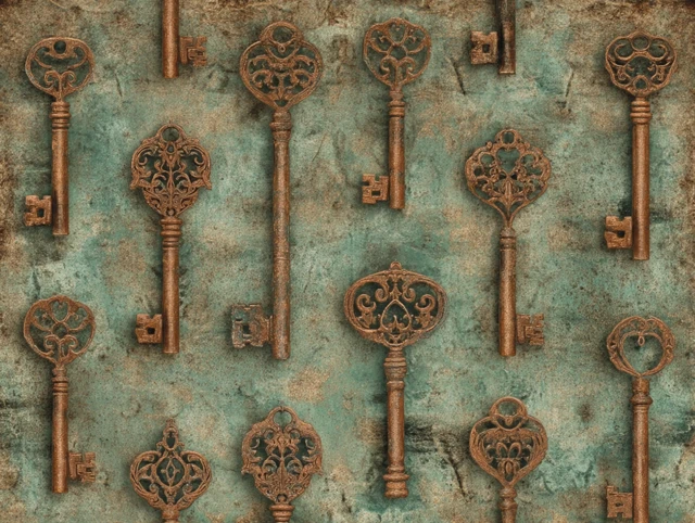 Steampunk Rusty Vintage Keys Sepia Paper Pattern