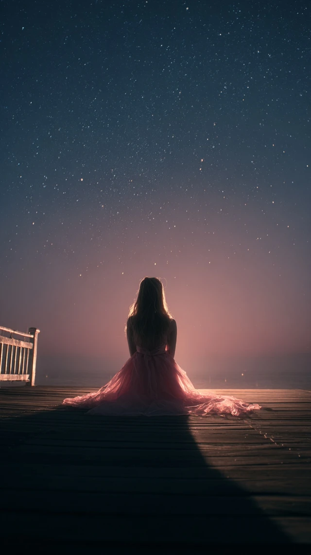 Woman on Pier Staring at Stars Night Sky