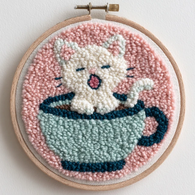 Punch Needle Art Kitten in Teacup Handmade Embroidery