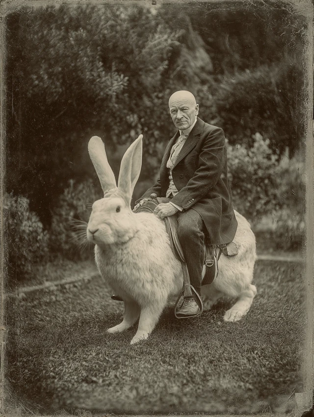 Vintage Photo: Man Riding Giant Rabbit