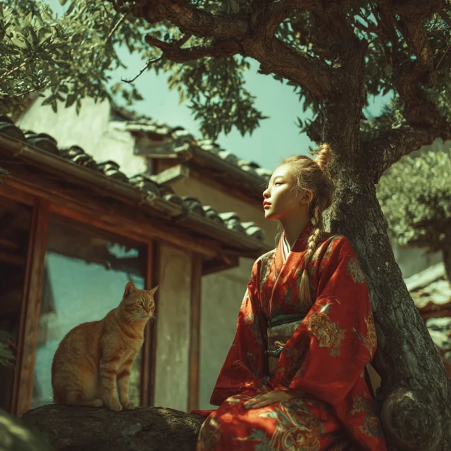 Japanese Courtyard Woman Cat Kimono Sunny Morning